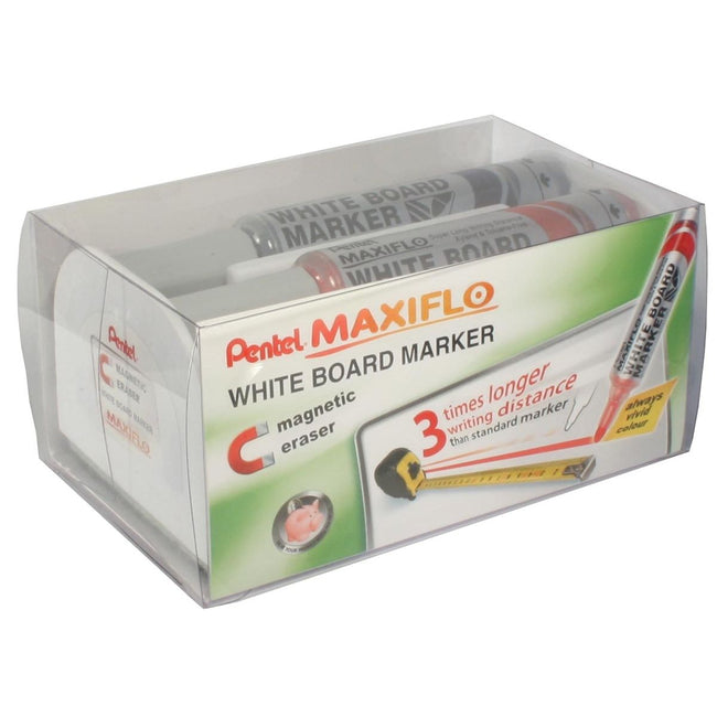 Pentel -  whiteboardmarker Maxiflo set van 4 stuks: blauw, rood, groen en zwart + magnetische bordwisser