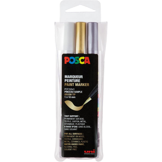 Posca - paintmarker PCF-350, brush tip, étui van 3 stuks, assorti (goud, zilver en wit)