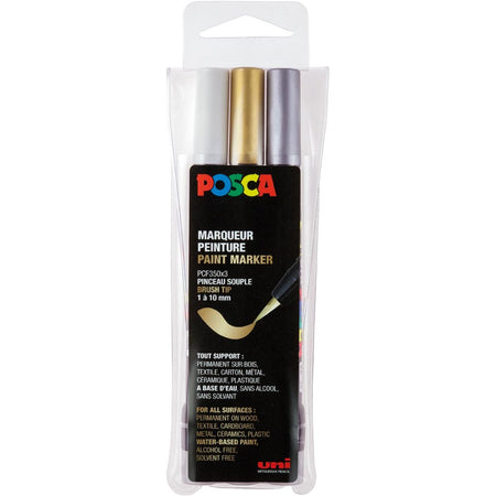 Posca - marqueur peinture PCF-350, pointe pinceau, étui de 3 pièces, assortis (or, argent et blanc)