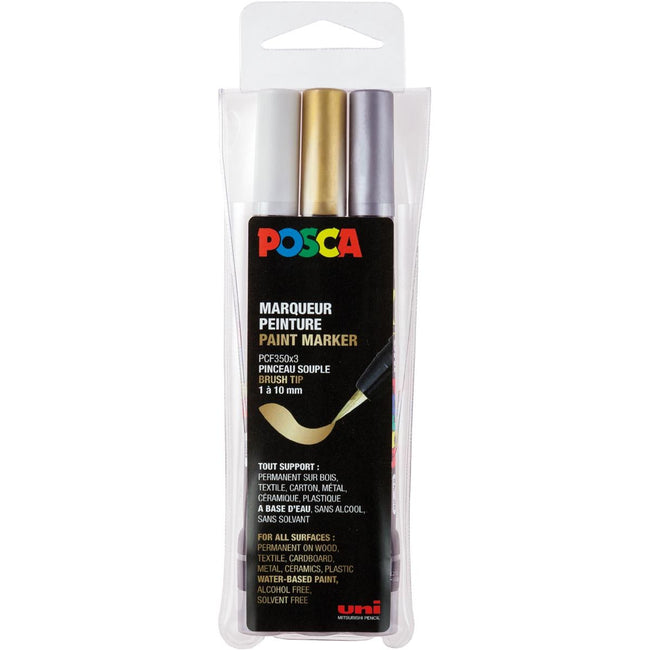 Posca - marqueur peinture PCF-350, pointe pinceau, étui de 3 pièces, assortis (or, argent et blanc)