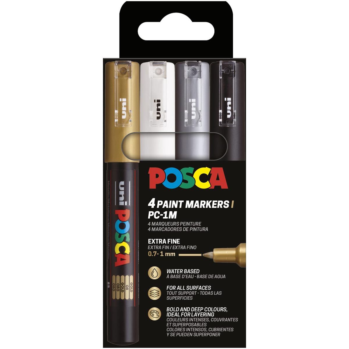 Posca - Uni-Farbmarker PC-1MC, 0,7 1 mm, Karton mit 4 Stück, Gold, Silber, Weiß und Schwarz