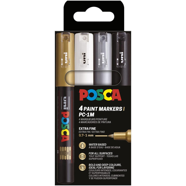 Posca - Uni-Farbmarker PC-1MC, 0,7 1 mm, Karton mit 4 Stück, Gold, Silber, Weiß und Schwarz
