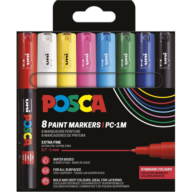 Posca - Uni-Farbmarker PC-1MC, 0,7 -1 mm, Karton mit 8 Stück in verschiedenen Grundfarben