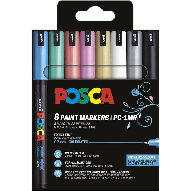 Posca – Uni-Farbmarker PC-1MR, 0,7 mm, Karton mit 8 Stück in verschiedenen Metallic-Farben