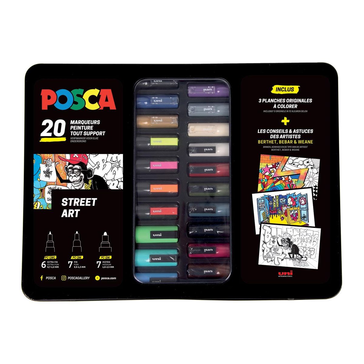 Posca - paintmarkers, metalen doos van 20 stuks, in geassorteerde kleuren, ontwerp Street art