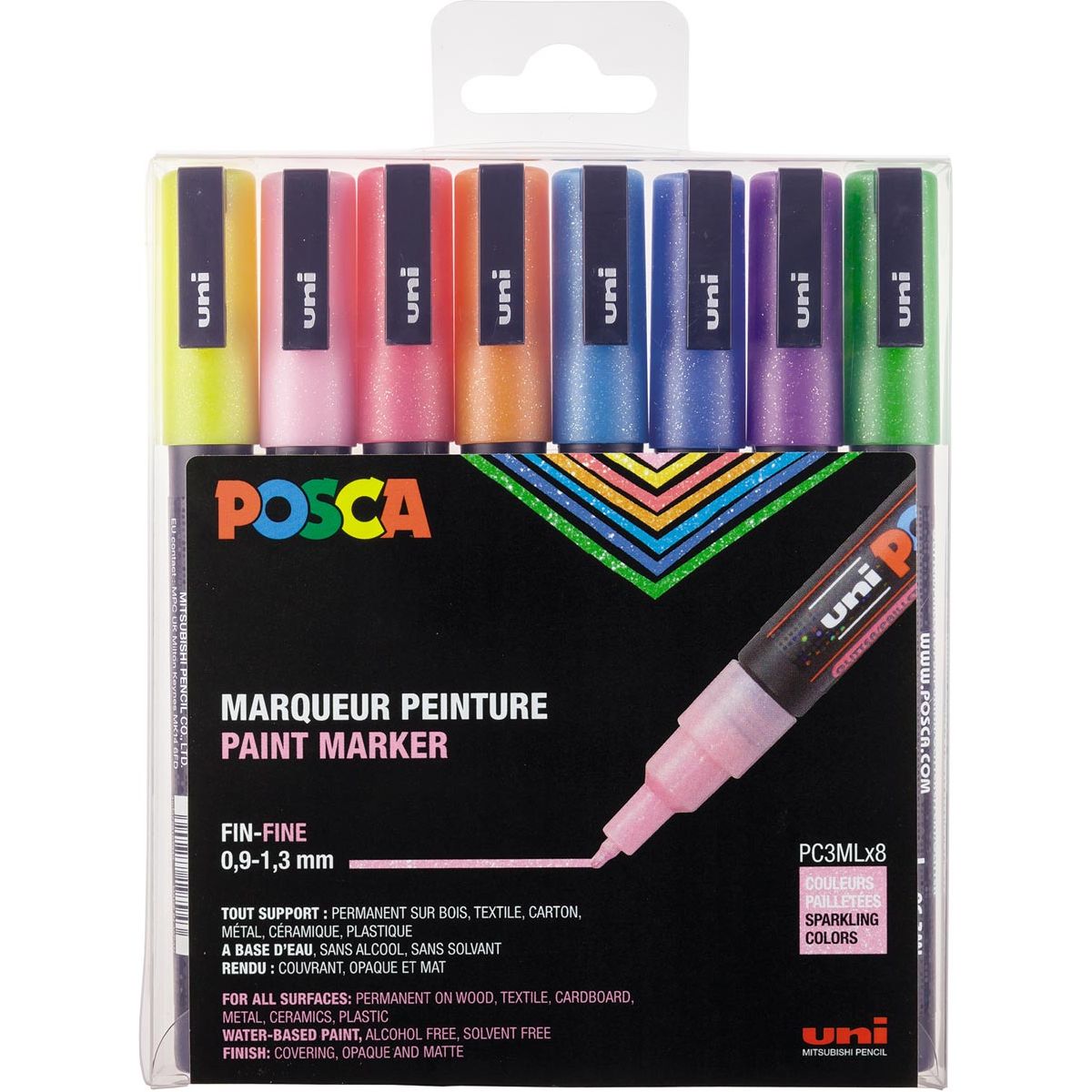 POSCA - Paintmarker PC -3m, Set von 8 Markierungen, Glitzer, Assorti