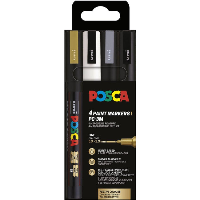 Posca - Uni-Farbmarker PC-3M, 1,5 mm, Karton mit 4 Stück in Gold, Weiß, Silber und Schwarz