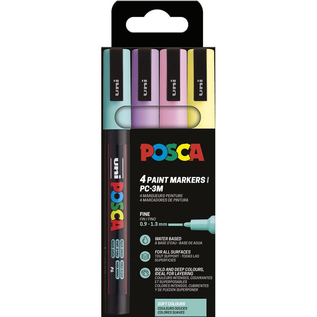 Posca - Marqueur peinture Uni PC-3M, 1,5 mm, étui de 4 pièces couleurs douces assorties