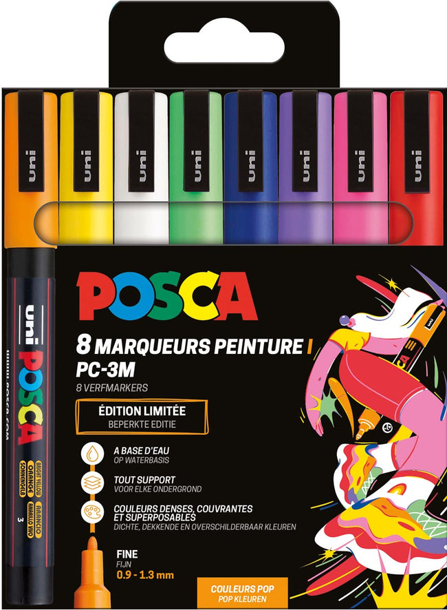 Posca -  Uni  paintmarker PC-3M, 1,5 mm, etui van 8 stuks in geassorteerde Pop kleuren