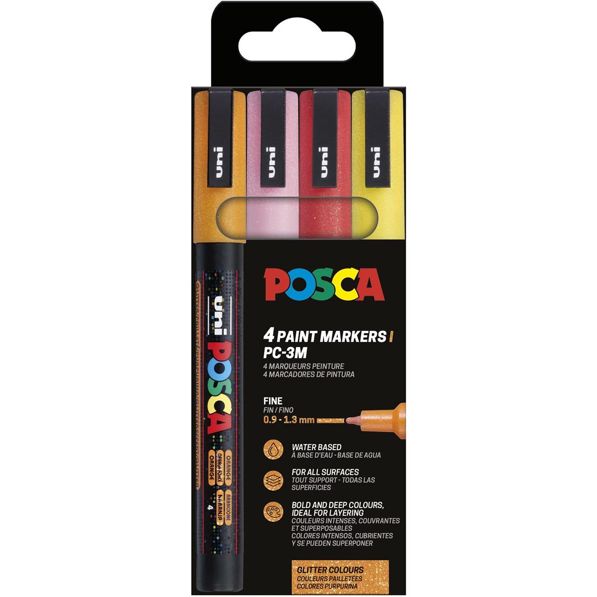 Posca - Feutre peinture Uni PC-3ML, 1,5 mm, pailleté, étui de 4 pièces orange, rose, rouge et jaune