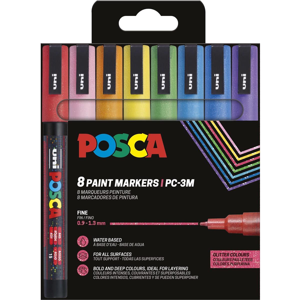Posca - Feutre peinture Uni PC-3ML, 1,5 mm, pailleté, étui de 8 pièces couleurs assorties