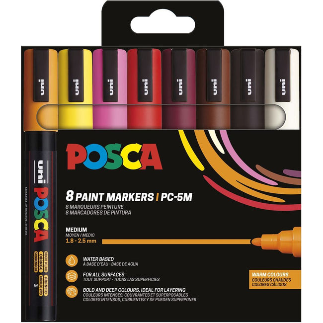 Posca - Marqueur peinture Uni PC-5M, 1,8 2,5 mm, étui de 8 pièces aux couleurs chaudes