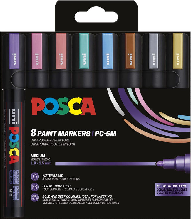 Posca - Uni-Farbmarker PC-5M, 1,8 2,5 mm, Karton mit 8 Stück in Metallic-Farben