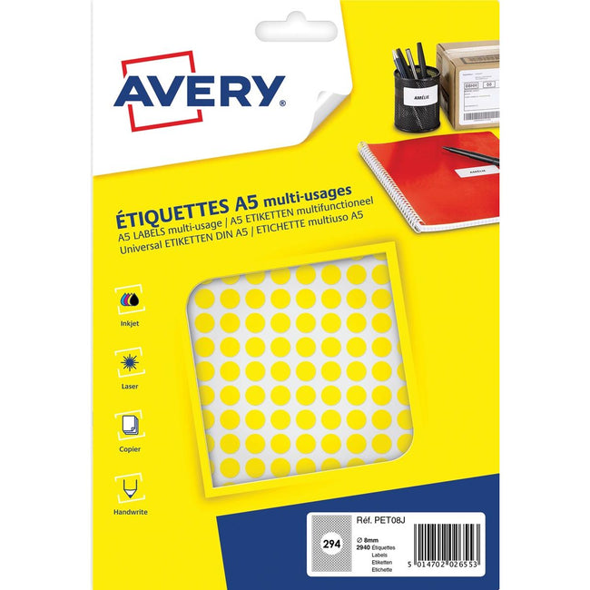 Avery - Pet08J Étiquettes de bourse rondes, diamètre 8 mm, ampoule de 2940 pièces, jaune