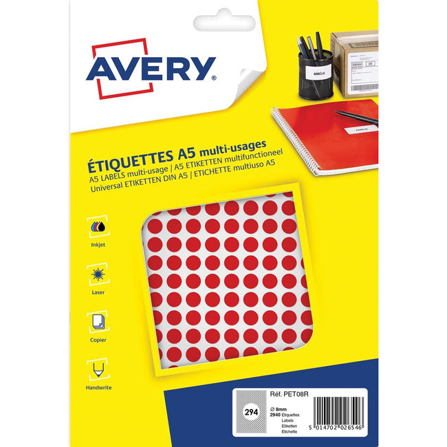 Avery - Pet08r Étiquettes de bourse ronde, diamètre 8 mm, ampoule de 2940 pièces, rouge