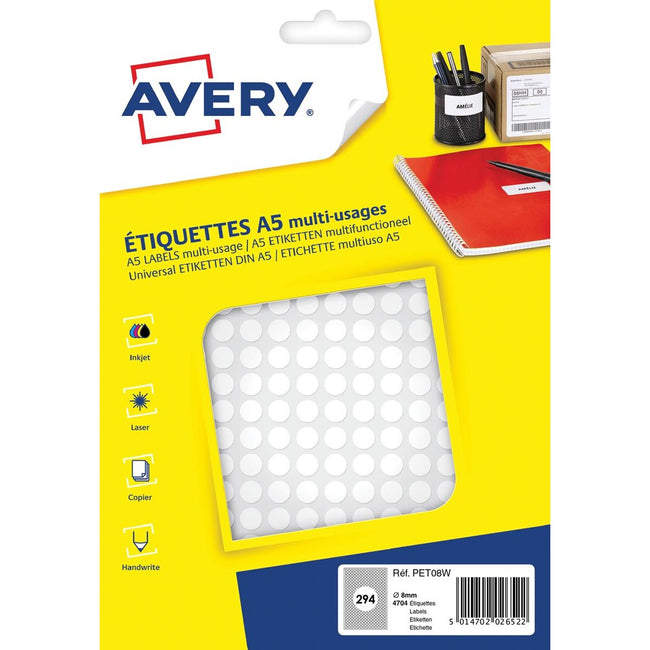 Avery - Pet08W Étiquettes de bourse ronde, diamètre 8 mm, boursoufleur de 4704 pièces, blanc