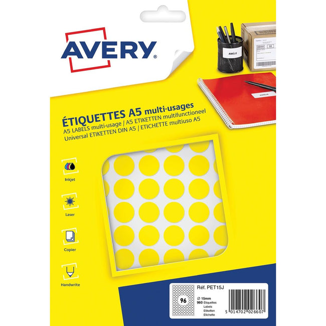 Avery -  PET15J ronde markeringsetiketten, diameter 15 mm, blister van 960 stuks, geel