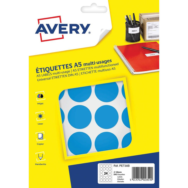 Avery - Étiquettes de mise en charge de Pet30B, diamètre 30 mm, ampoule de 240 pièces, bleu clair