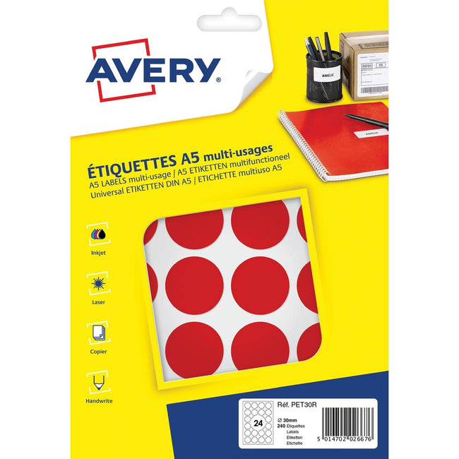 Avery -  PET30R ronde markeringsetiketten, diameter 30 mm, blister van 240 stuks, rood