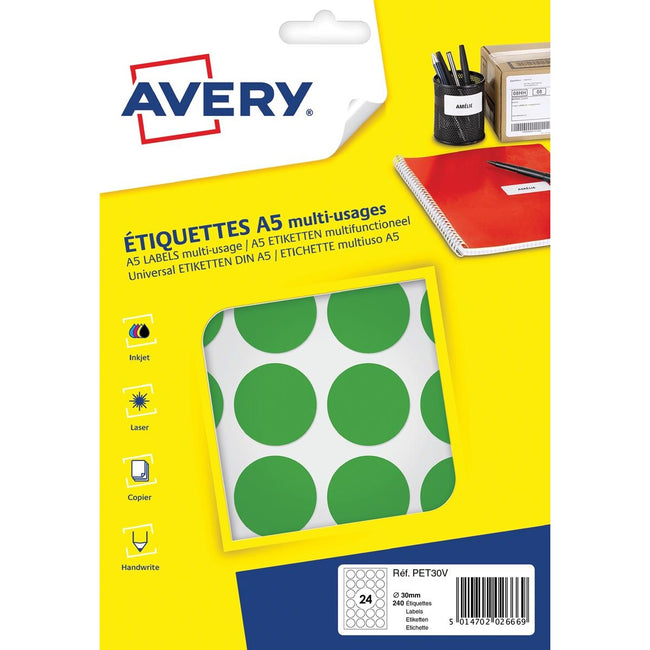 Avery - Étiquettes de bourse rond PET30V, diamètre 30 mm, ampoule de 240 pièces, vert