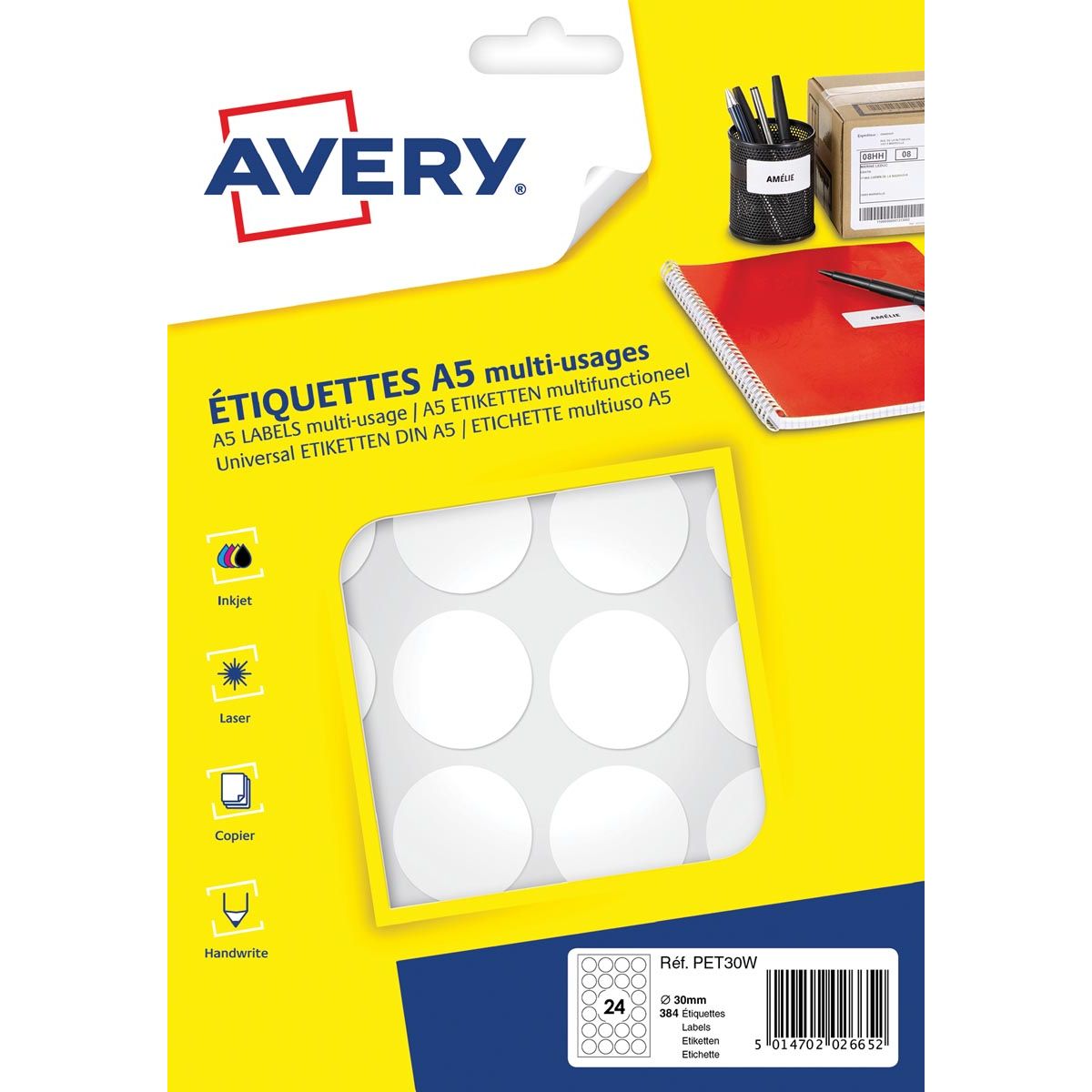 Avery -  PET30W ronde markeringsetiketten, diameter 30 mm, blister van 384 stuks, wit