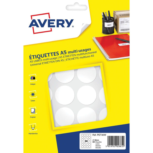 Avery - Etiquettes de marquage rondes PET30W, diamètre 30 mm, blister de 384 pièces, blanches