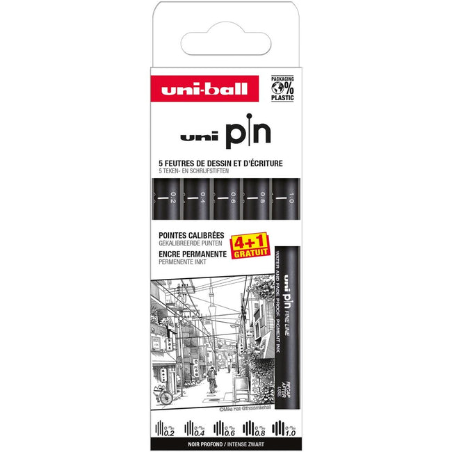 Uni-ball -  Uni Pin fineliner, gekalibreerde punten, zwart, 0,2-0,4-0,6-0,8-1,0 mm, blister van 4 + 1 gratis