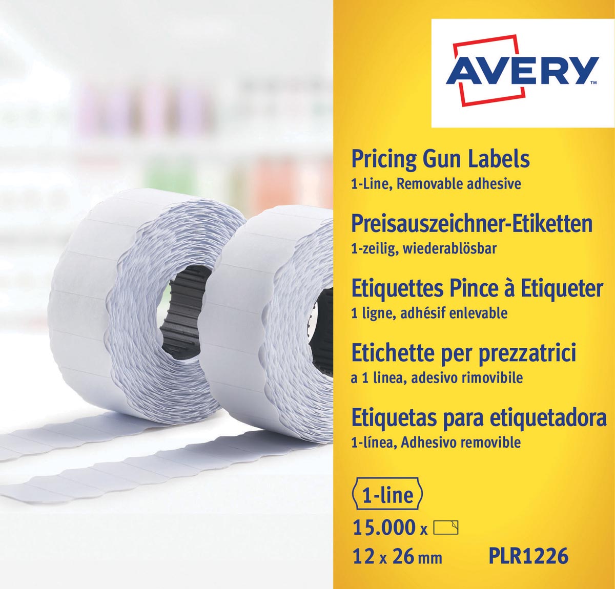 Avery -  PLR1226 etiketten voor prijstang afneembaar, ft 12 x 26 mm, 15 000 etiketten, wit