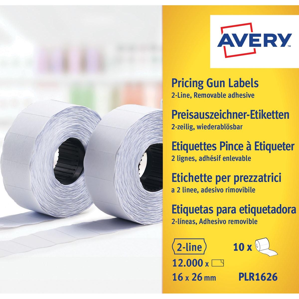 Avery -  PLR1626 etiketten voor prijstang non-permanent, ft 26 x 16, 12 000 etiketten, wit
