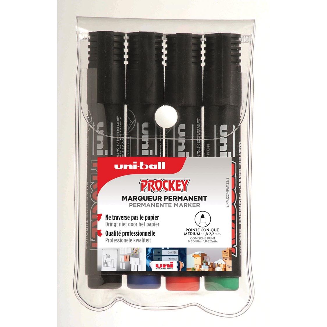 Uni-ball -  permanent marker Prockey PM-122, ronde punt, medium, etui van 4 stuks