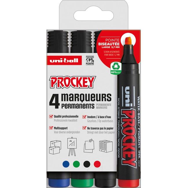 Uni-ball -  permanent marker Prockey PM-126, schuine punt, large, etui van 4 stuks