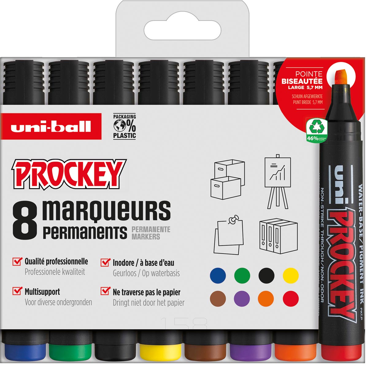 Marker uni-ball-permanent Prockey PM-126, MM. De 8 pièces, Assorti