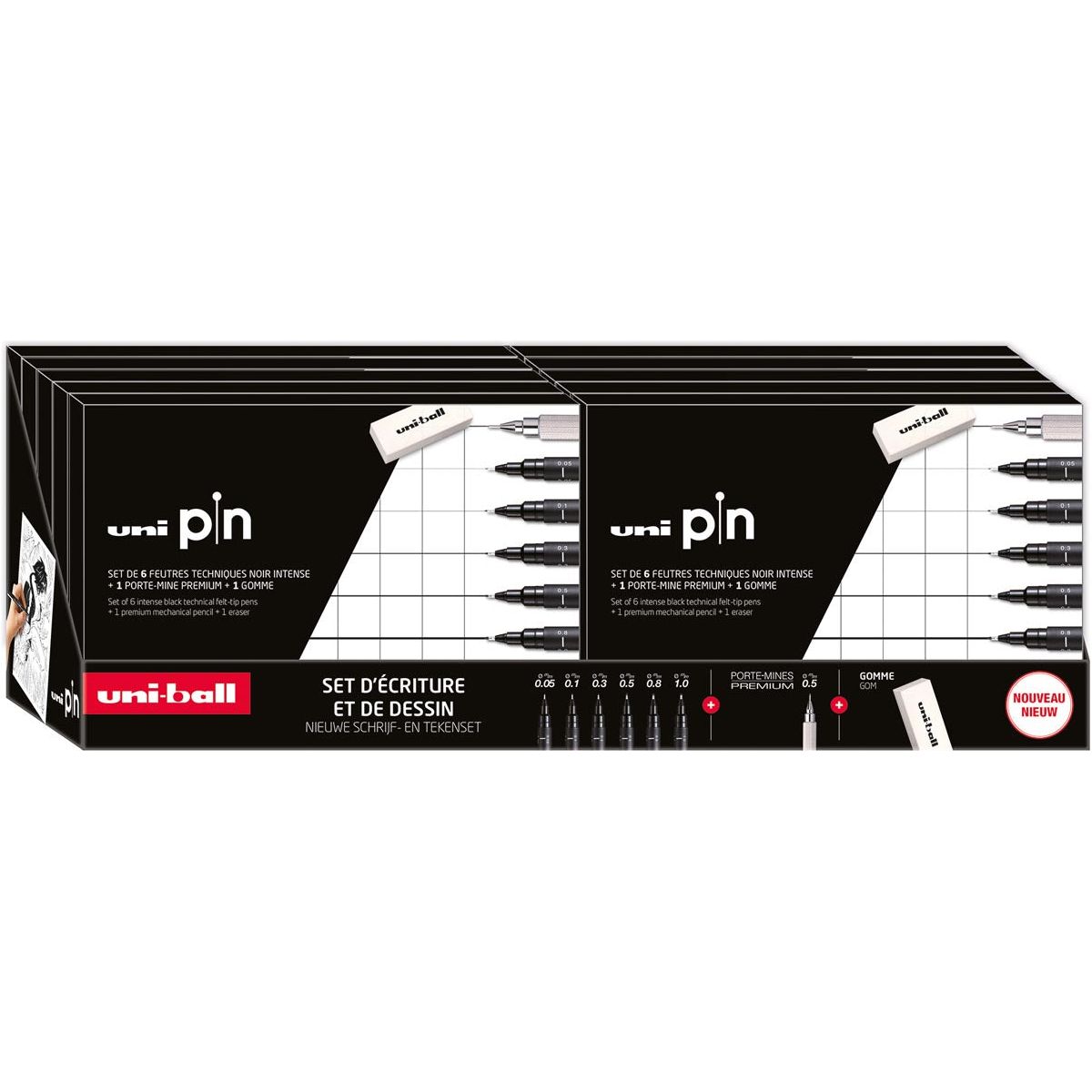 Uni-ball - Uni Pin fineliner, display van 10 dozen van 6 stuks + vulpotlood en gum