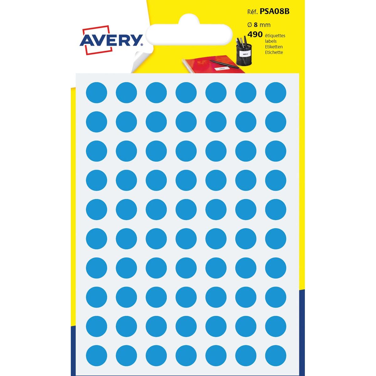 Avery -  PSA08B ronde markeringsetiketten, diameter 8 mm, blister van 490 stuks, lichtblauw