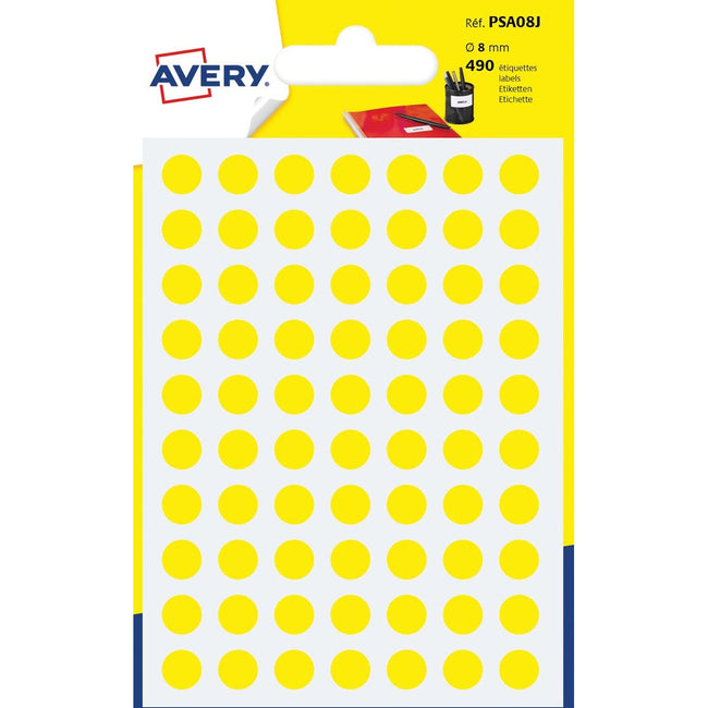 Avery - Etiquettes de marquage rondes PSA08J, diamètre 8 mm, blister de 490 pièces, jaune