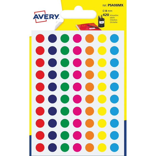 Avery - PSA08MX runde Markierungsetiketten, Durchmesser 8 mm, Blister mit 420 Stück, verschiedene Farben