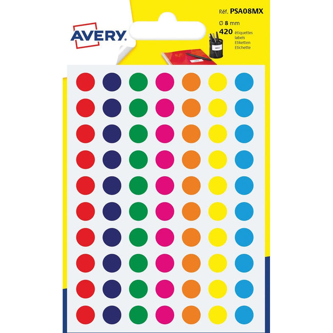 Avery - PSA08MX Étiquettes de bourse rondes, diamètre 8 mm, ampoule de 420 pièces, couleurs assorties