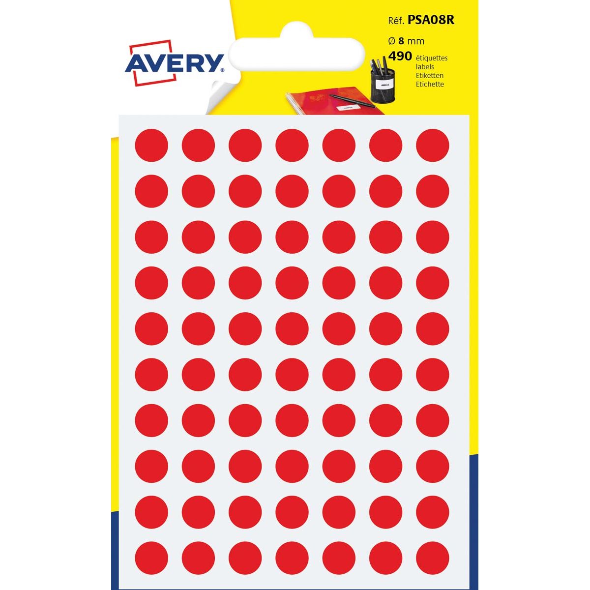 Avery -  PSA08R ronde markeringsetiketten, diameter 8 mm, blister van 490 stuks, rood