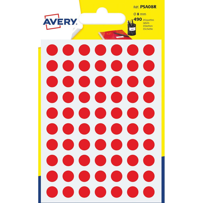 Avery - Etiquettes de marquage rondes PSA08R, diamètre 8 mm, blister de 490 pièces, rouge