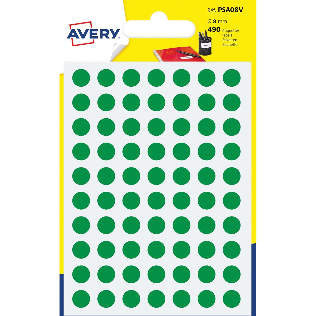 Avery - PSA08V runde Markierungsetiketten, Durchmesser 8 mm, Blister mit 490 Stück, grün