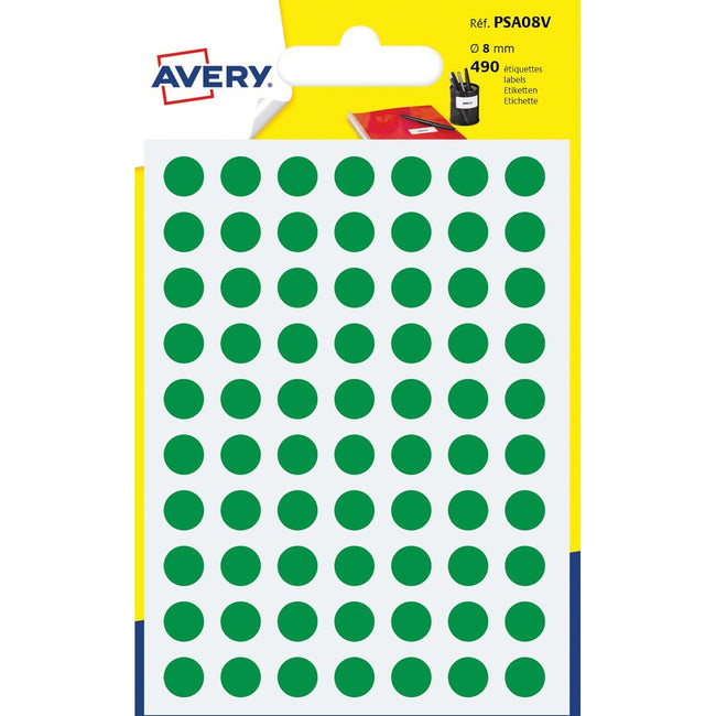 Avery - Etiquettes de marquage rondes PSA08V, diamètre 8 mm, blister de 490 pièces, vertes