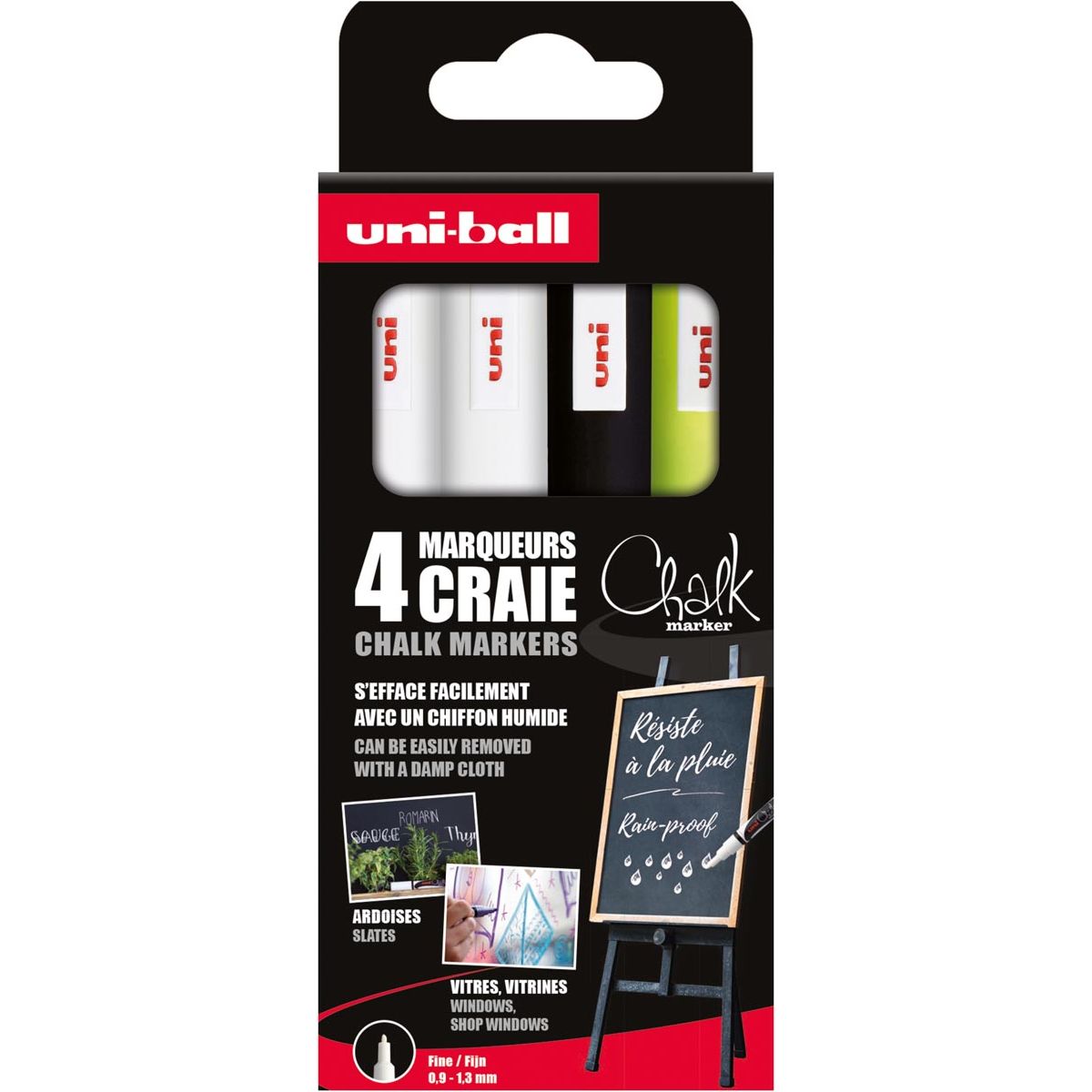 Uni-ball - krijtmarker, ronde punt van 0,9-1,3 mm, etui van 4 stuks, assorti