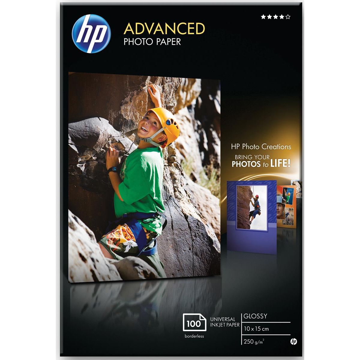 HP - Papier photo avancé 10 x 15 cm, 250 g, paquet de 100 feuilles, brillant
