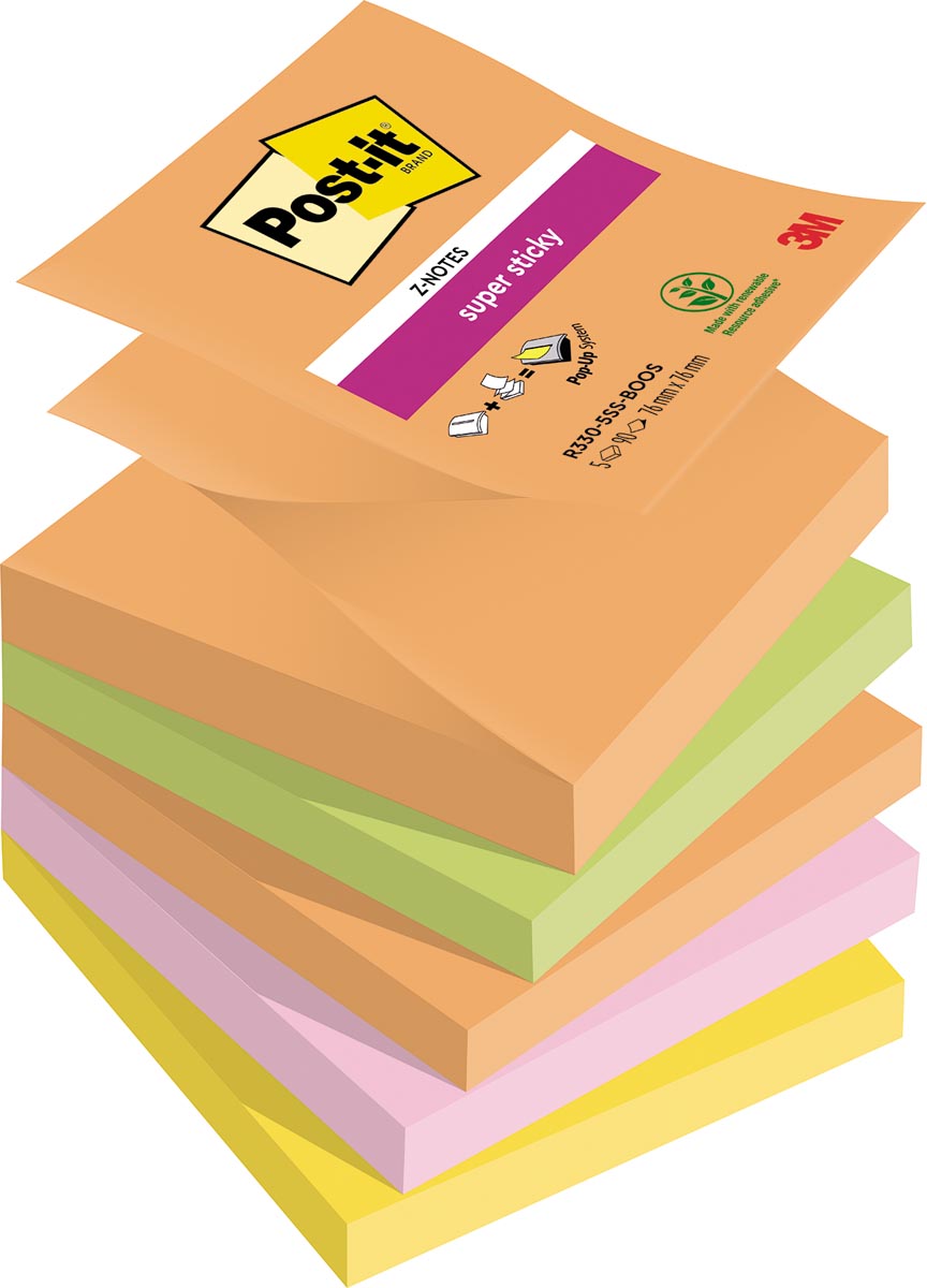 Post-it-uper collant zotes boost, 90 feuilles, ft 76 x 76 mm, couleurs assorties, paquet de 5 blocs