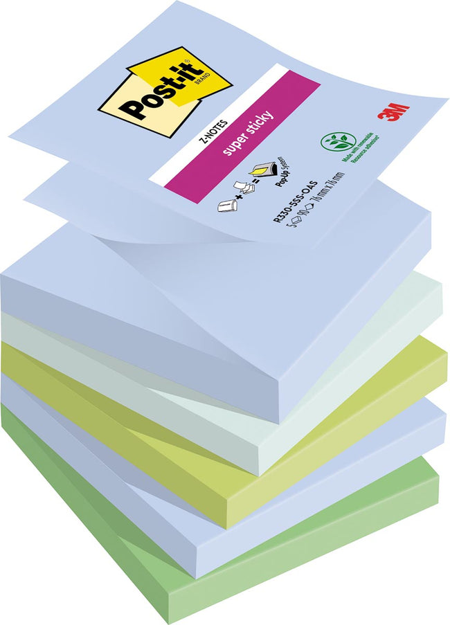 Post-it - Super Sticky Z-notes Oasis, 90 vel, ft 76 x 76 mm, geassorteerde kleuren, pak van 5 blokken