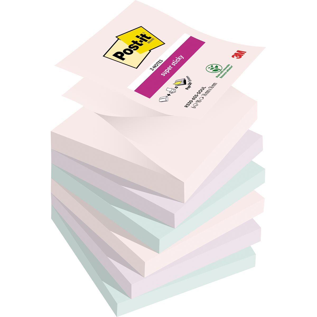 Post-it - Super Sticky Z-notes Soulful, 90 feuilles, pi 76 x 76 mm, couleurs assorties, paquet de 6 blocs