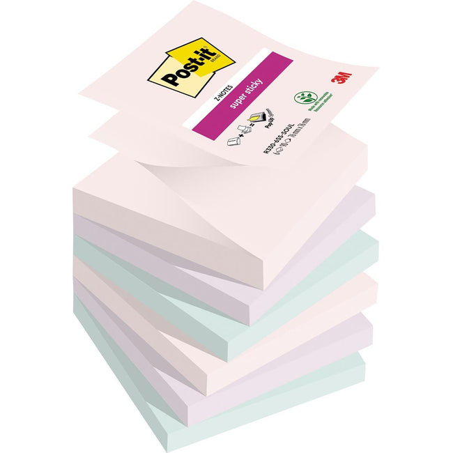 Post-it - Super Sticky Z-notes Soulful, 90 feuilles, pi 76 x 76 mm, couleurs assorties, paquet de 6 blocs