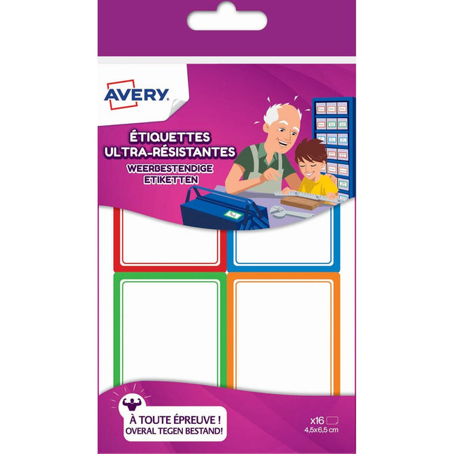 Avery -  Family weerbestendige etiketten, ft 4,5 x 6,5 cm, etui met 16 etiketten in geassorteerde kleuren