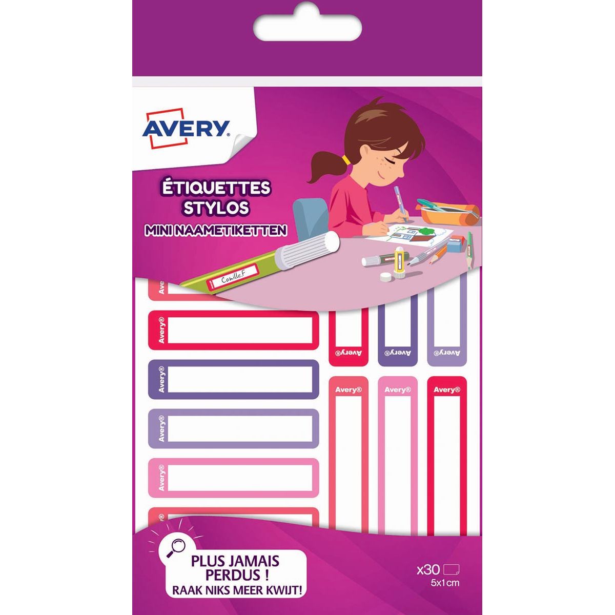 Avery - Family mini naametiketten, ft 5 x 1 cm, roze/paars, ophangbare etui met 30 etiketten