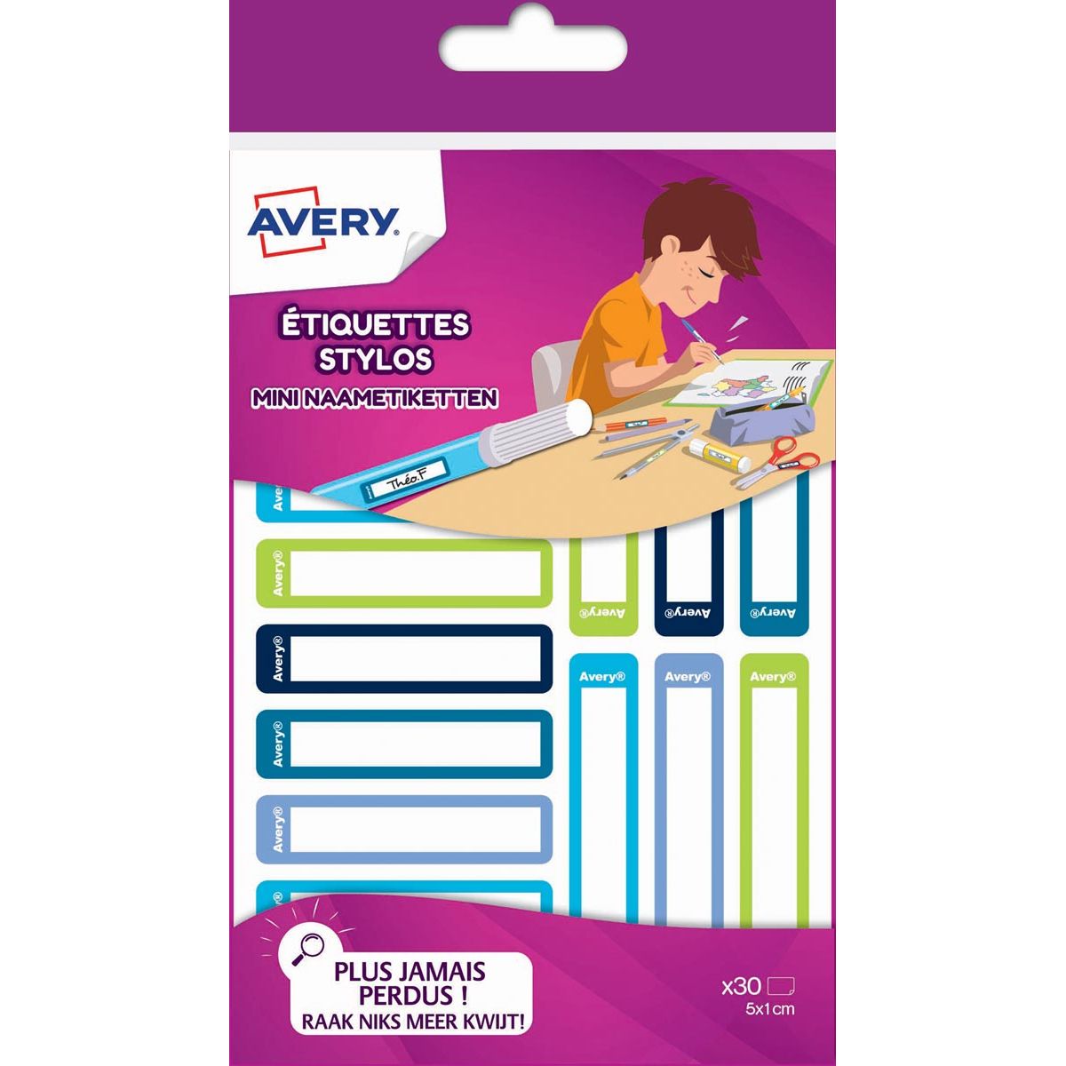 Avery - Mini étiquettes nominatives familiales, pi 5 x 1 cm, bleu/vert, pochette à suspendre avec 30 étiquettes